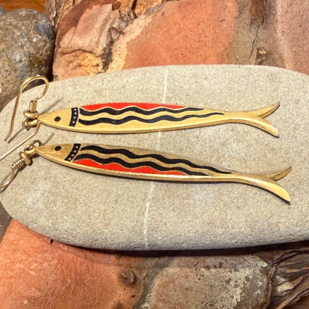 Laurel Burch Earrings NILE FISH Cloisonné Vintage 1980s Black Red Gold